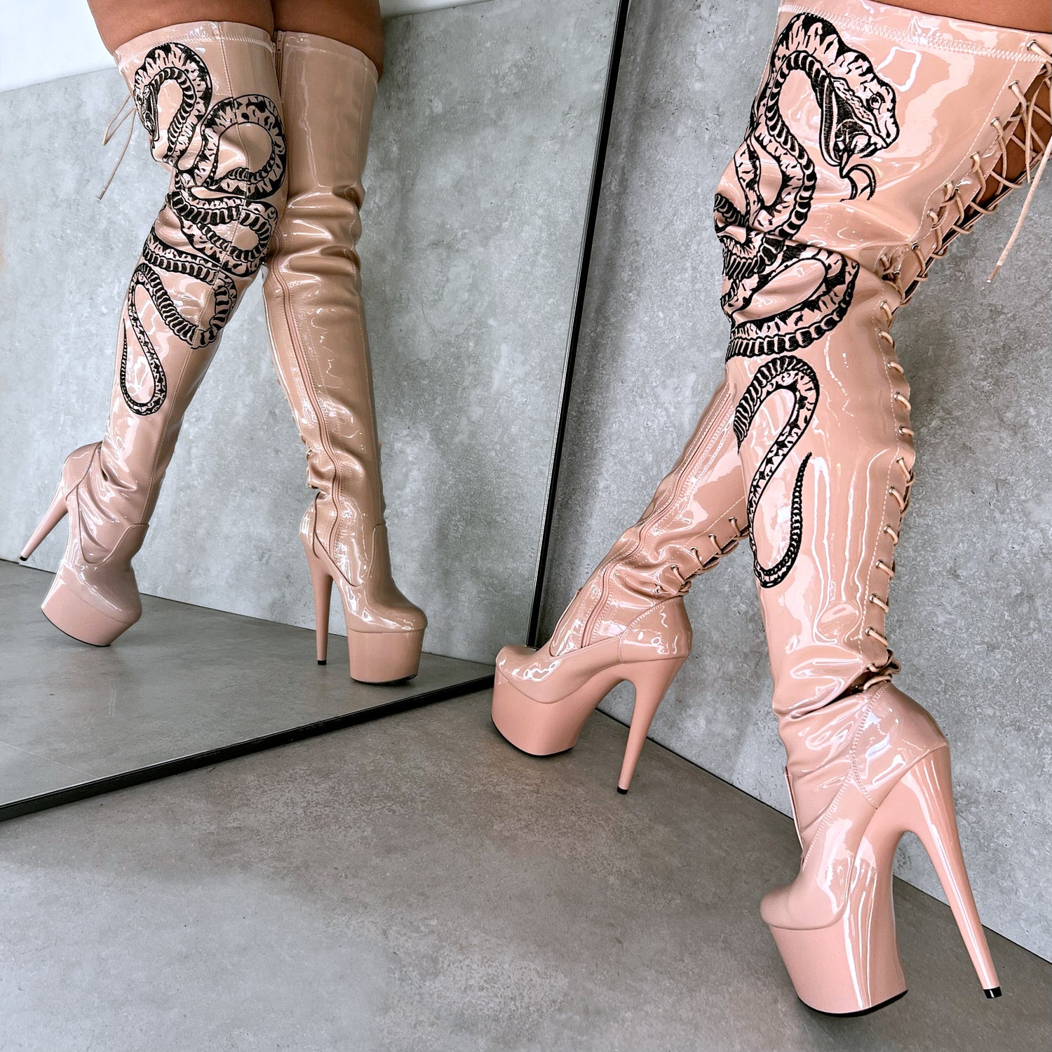 VIPER Boot Tan with Black Thicc Thigh High 7INCH – Hella Heels US