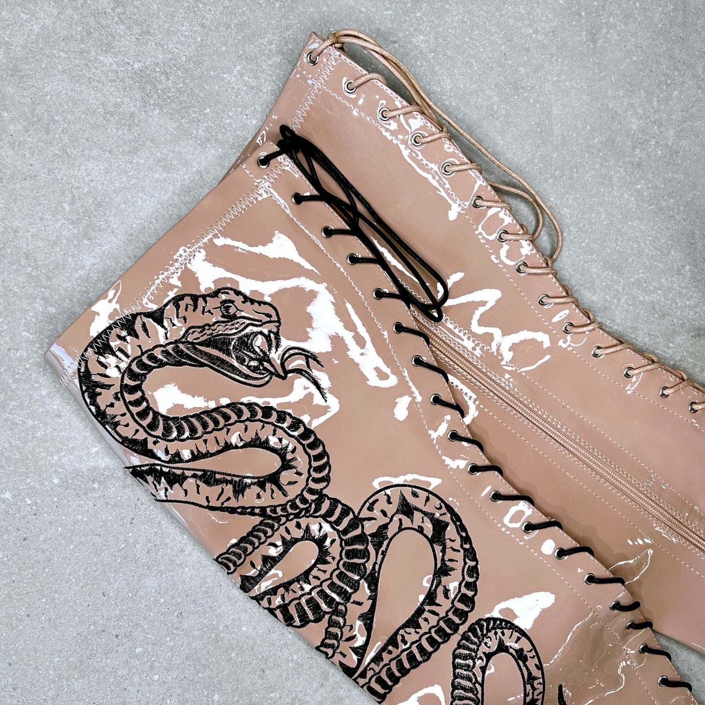 VIPER Boot Tan with Black Thicc Thigh High - 7INCH, stripper shoe, stripper heel, pole heel, not a pleaser, platform, dancer, pole dance, floor work