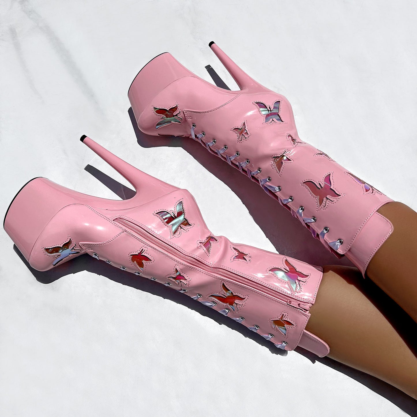 Butterfly Boot - Pink - 8 INCH, stripper shoe, stripper heel, pole heel, not a pleaser, platform, dancer, pole dance, floor work