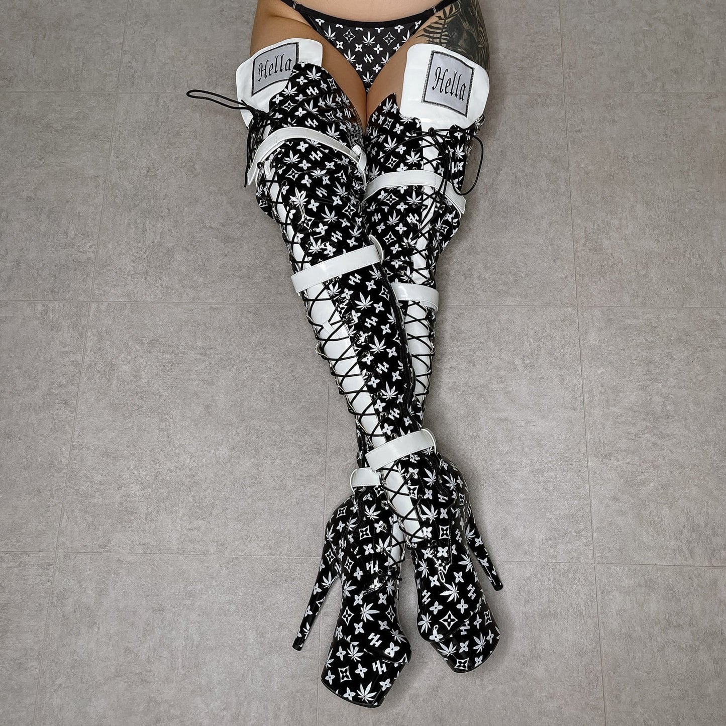 Branded Thigh High - Black - 7 INCH, stripper shoe, stripper heel, pole heel, not a pleaser, platform, dancer, pole dance, floor work