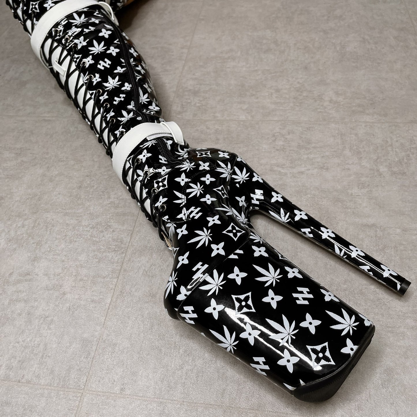 Branded Thigh High - Black - 9 INCH, stripper shoe, stripper heel, pole heel, not a pleaser, platform, dancer, pole dance, floor work