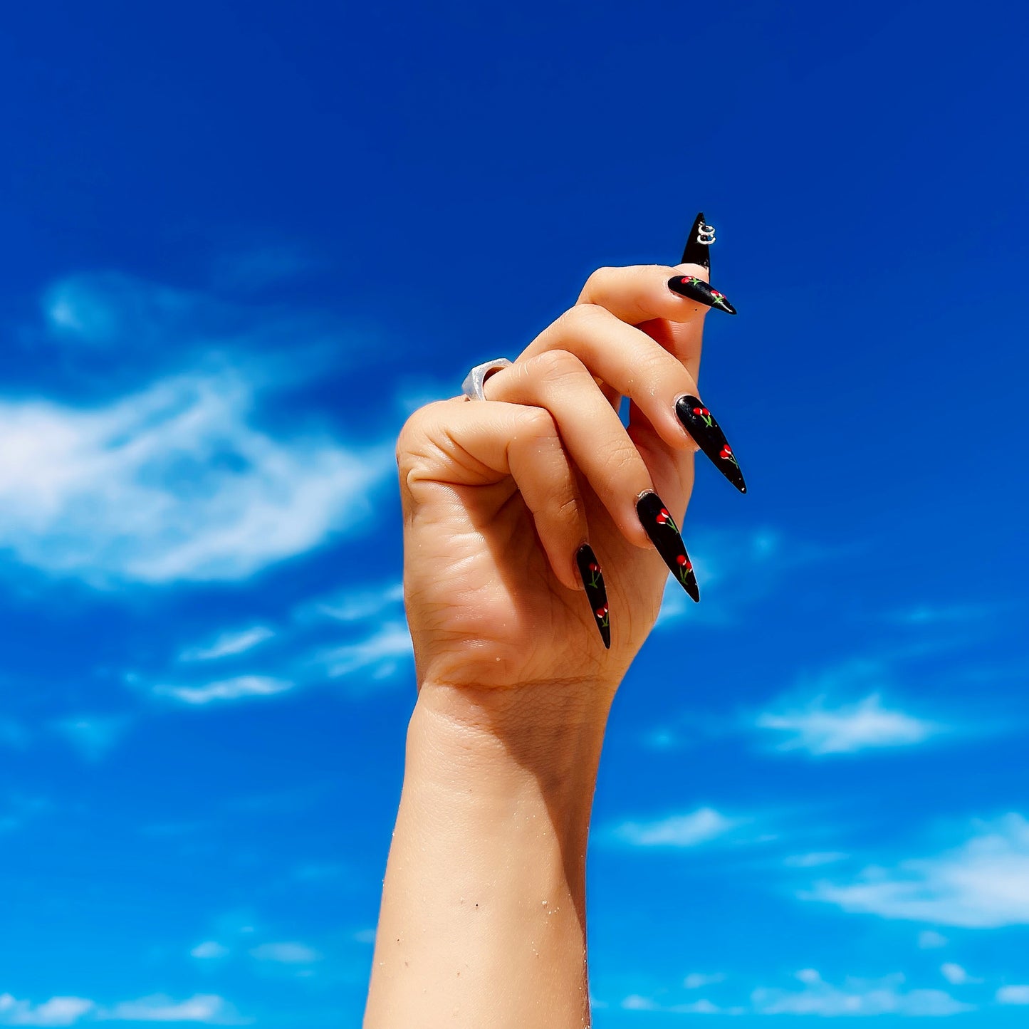 stick on nails cherry stiletto black long red