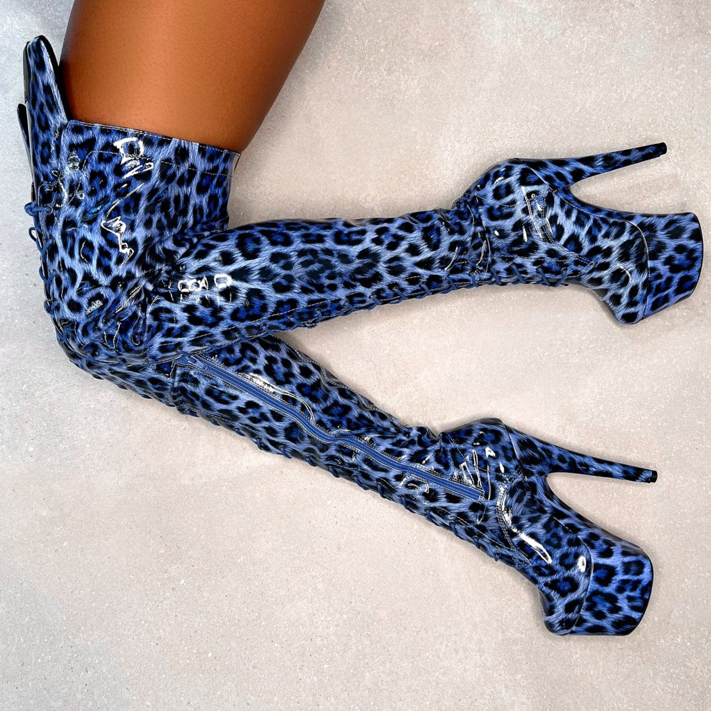 Blue Leopard Thigh High - 7 INCH + SP, stripper shoe, stripper heel, pole heel, not a pleaser, platform, dancer, pole dance, floor work