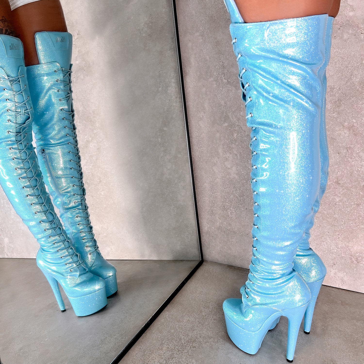 The Glitterati Boot - Baby Blues *2.0* - 8 INCH, stripper shoe, stripper heel, pole heel, not a pleaser, platform, dancer, pole dance, floor work