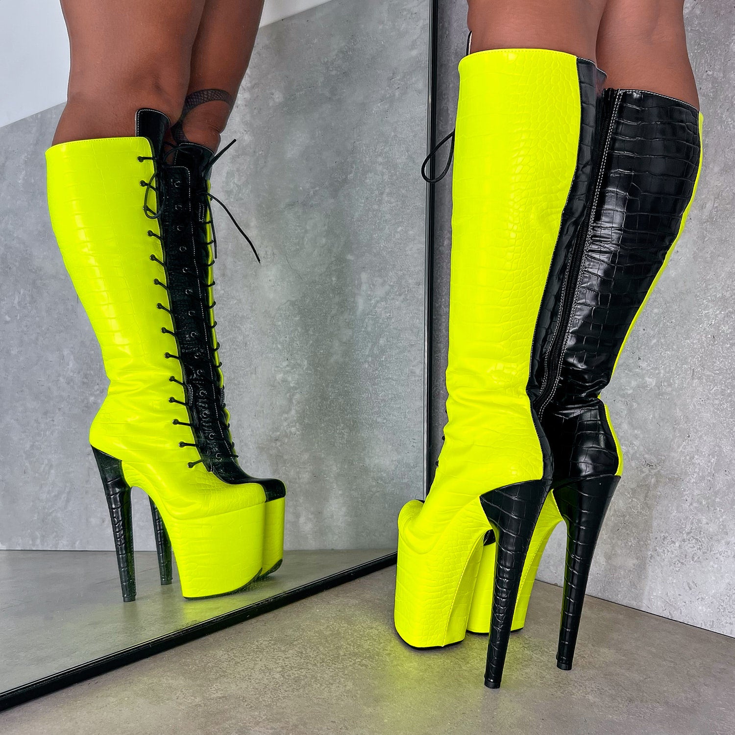 SNAPPED Black/Neon Knee Boot - 8INCH, stripper shoe, stripper heel, pole heel, not a pleaser, platform, dancer, pole dance, floor work
