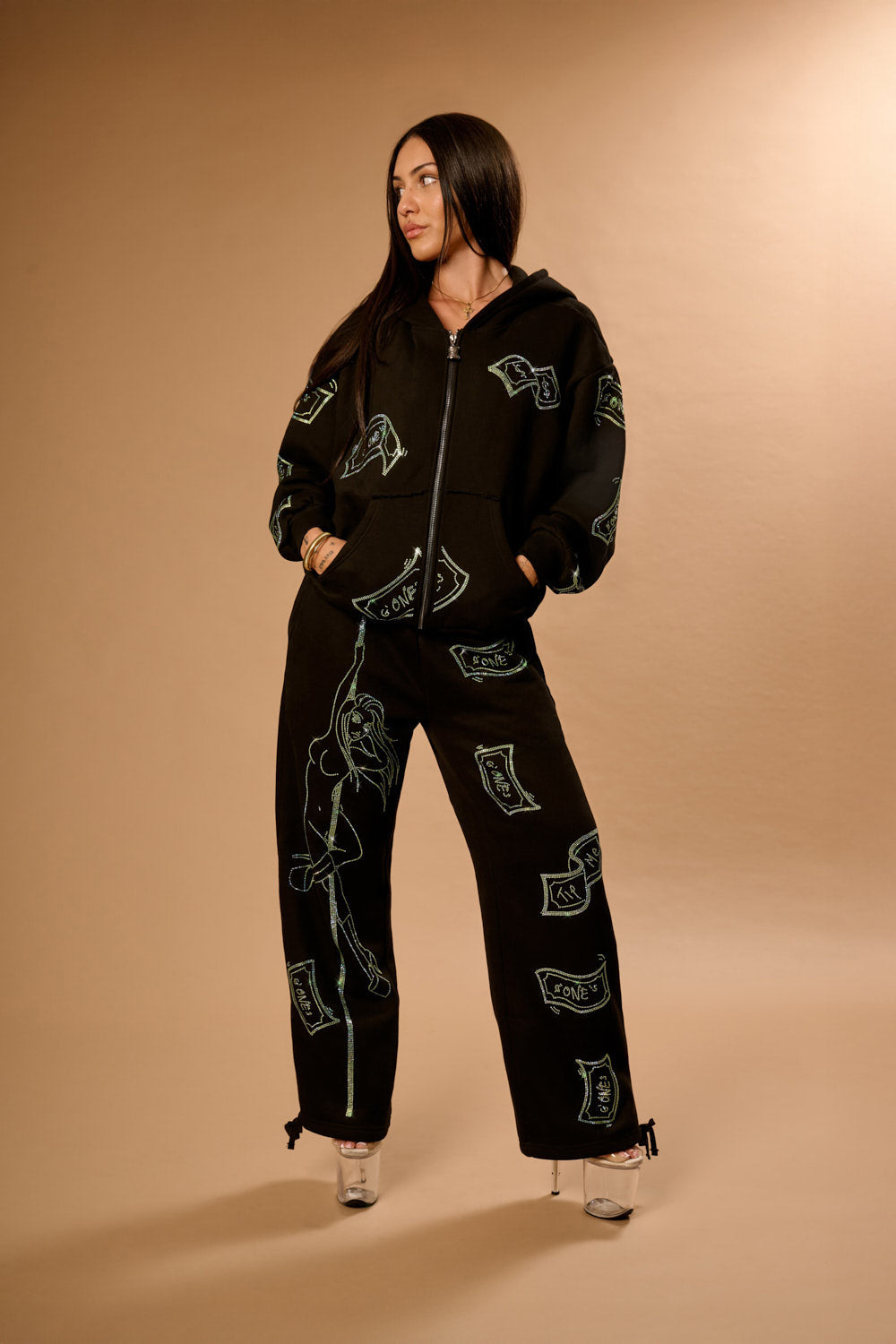 Anime Pole Dancer Zip Up Hoodie - Love of Hustlers Iridescent Blue / Green Sparkle