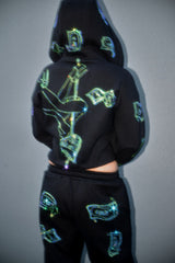 Anime Pole Dancer Zip Up Hoodie - Love of Hustlers Iridescent Blue / Green Sparkle
