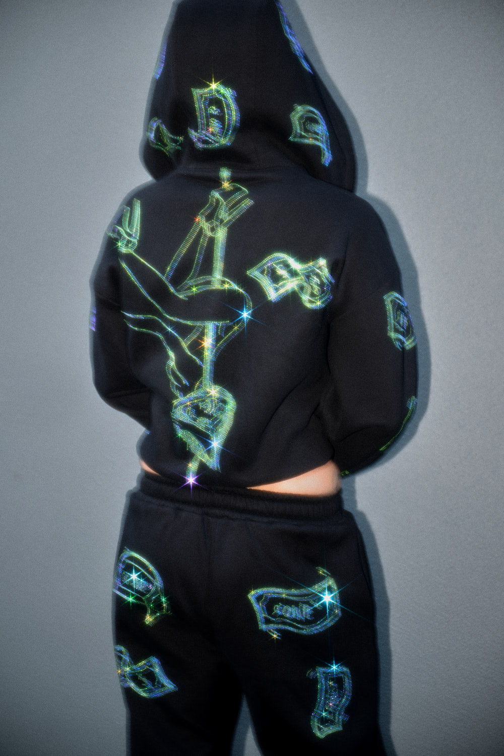 Anime Pole Dancer Zip Up Hoodie - Love of Hustlers Iridescent Blue / Green Sparkle