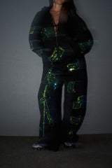 Anime Pole Dancer Zip Up Hoodie - Love of Hustlers Iridescent Blue / Green Sparkle