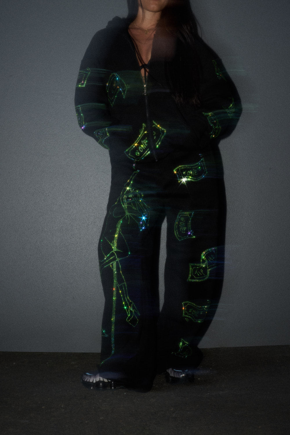 Anime Pole Dancer Zip Up Hoodie - Love of Hustlers Iridescent Blue / Green Sparkle