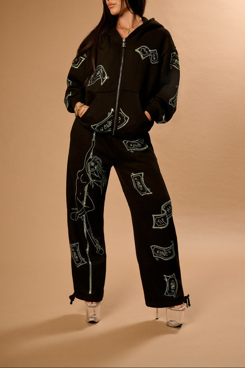 Anime Pole Dancer Wide Leg Sweatpants - Love of Hustlers Iridescent Blue / Green Sparkle