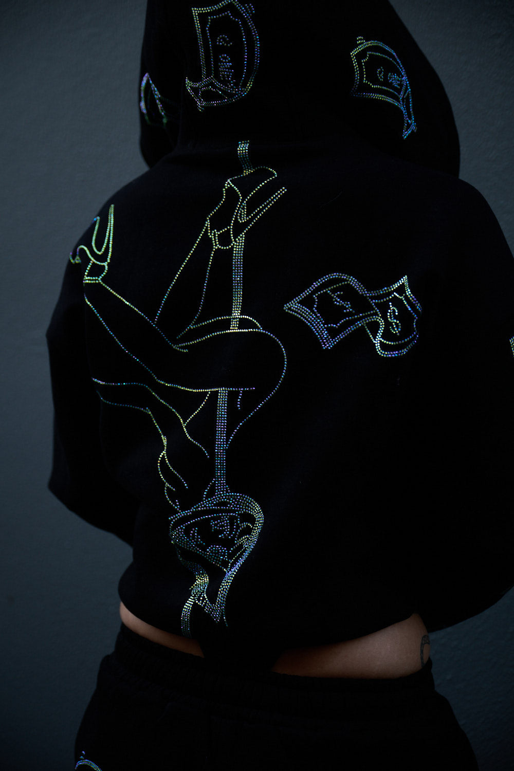 Anime Pole Dancer Zip Up Hoodie - Love of Hustlers Iridescent Blue / Green Sparkle