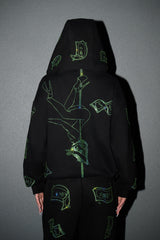 Anime Pole Dancer Zip Up Hoodie - Love of Hustlers Iridescent Blue / Green Sparkle