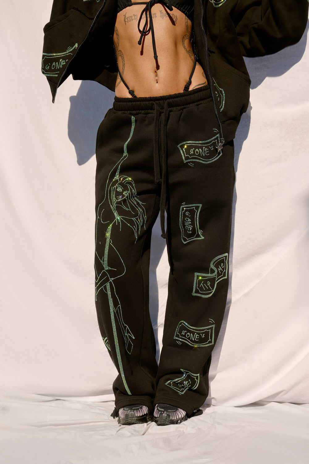 Anime Pole Dancer Wide Leg Sweatpants - Love of Hustlers Iridescent Blue / Green Sparkle