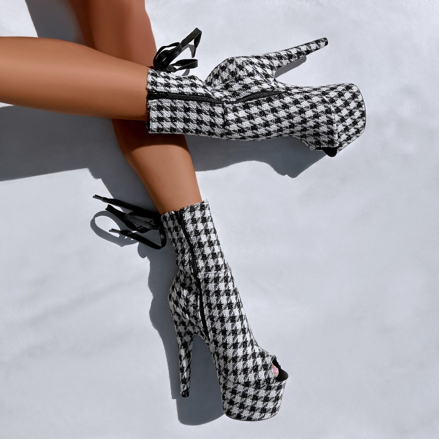 Houndstooth Corset Boot Open Toe - 7INCH