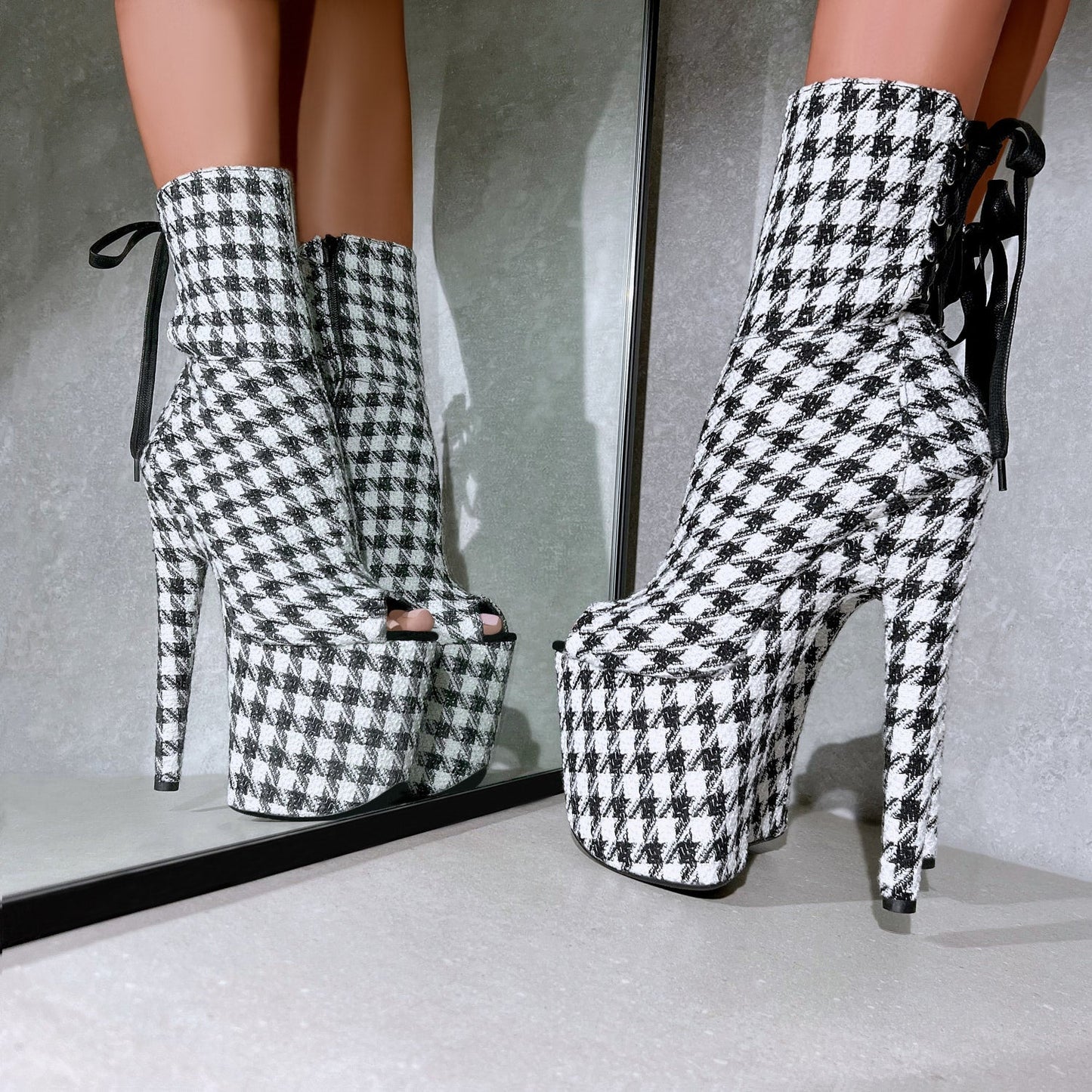 Houndstooth Corset Boot Open Toe - 8INCH