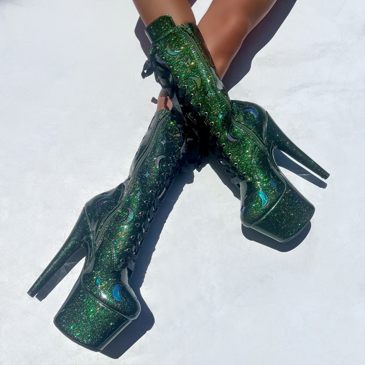 The Glitterati Cosmic Wide Fit  Boot - Emerald Sparkle - 7INCH