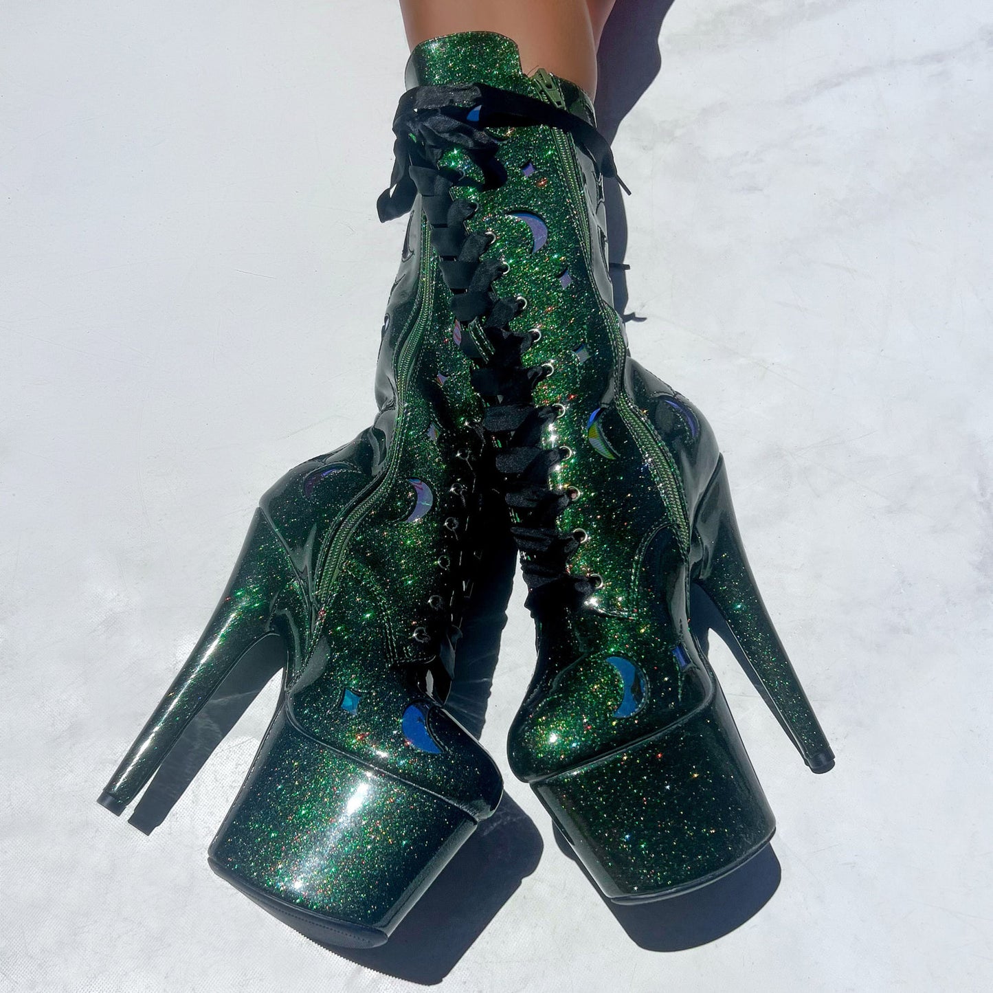 The Glitterati Cosmic Wide Fit  Boot - Emerald Sparkle - 7INCH