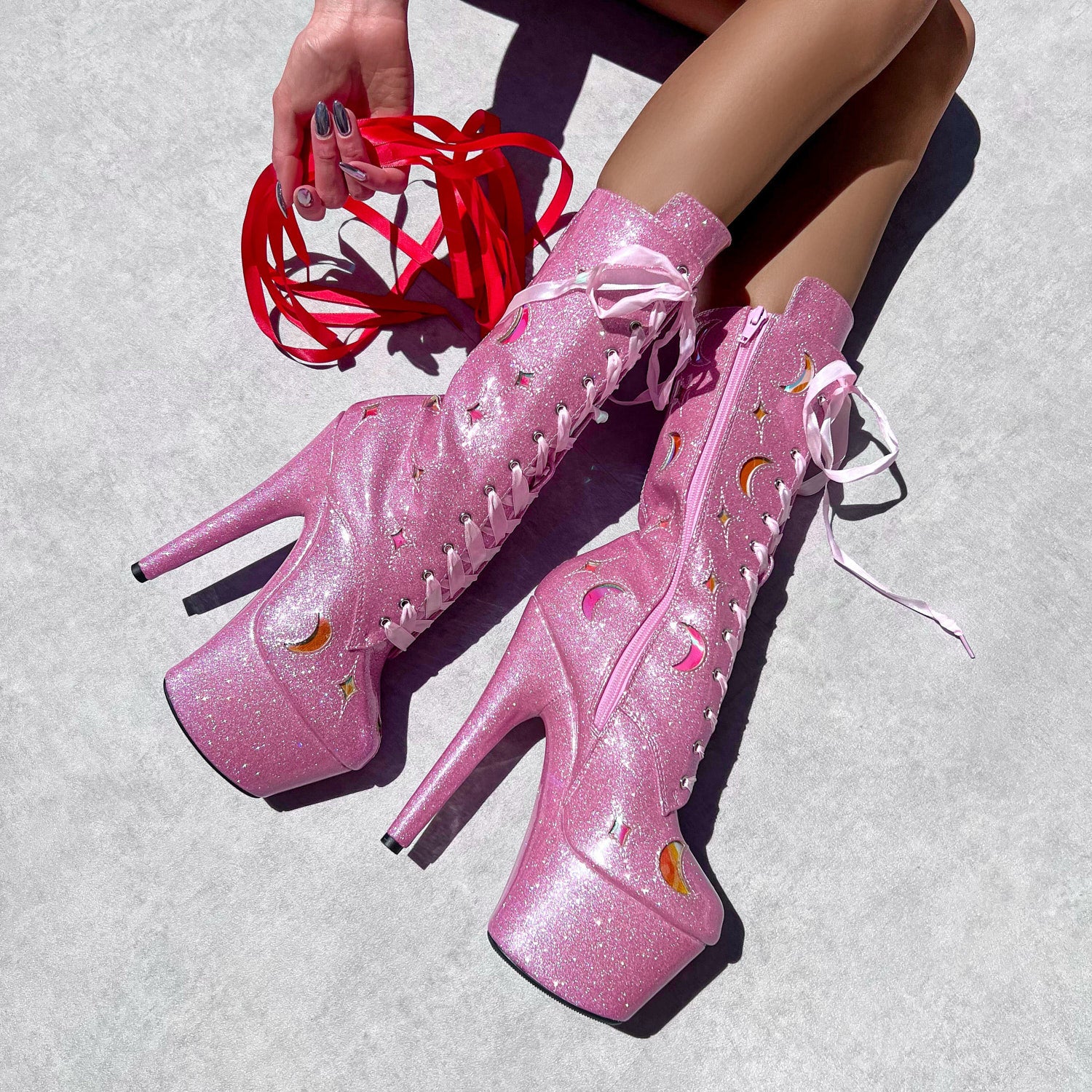 The Glitterati Cosmic Wide Fit Boot - Pink Sparkle - 7INCH