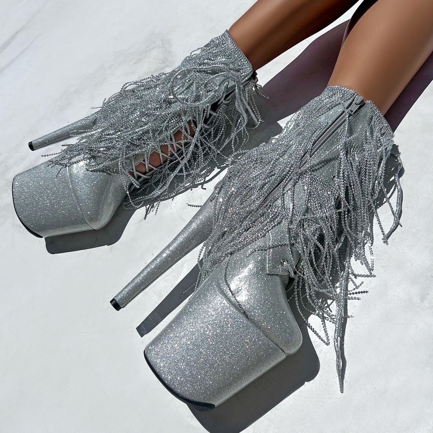 Chrome Cowgirls - Wide Fit Boot - Silver Glitterati - 8INCH