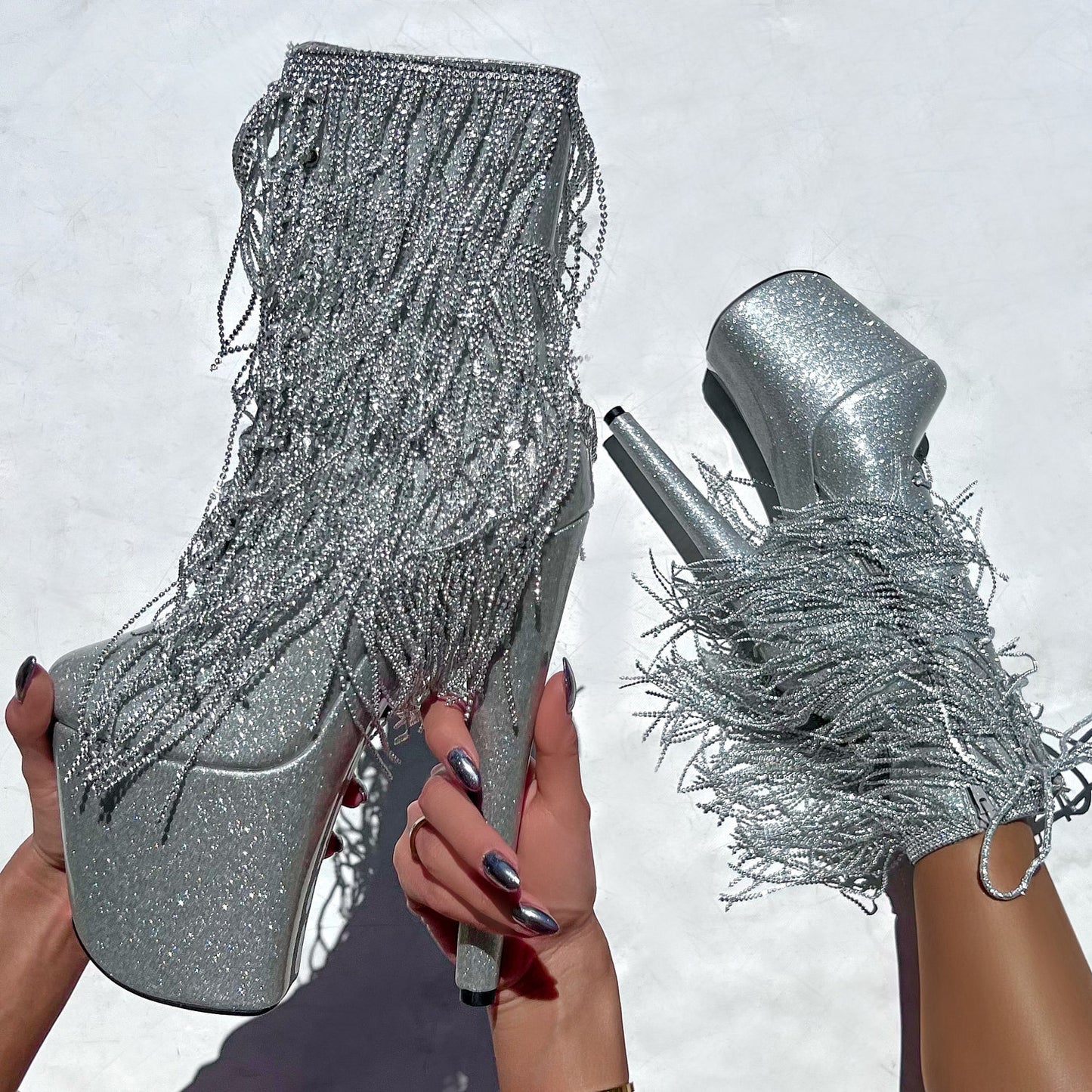 Chrome Cowgirls - Wide Fit Boot - Silver Glitterati - 8INCH