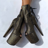 Khaleesi Open Toe Corset Boot - Black & Gold - 8INCH