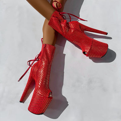Khaleesi Open Toe Corset Boot - Red & Gold - 8INCH