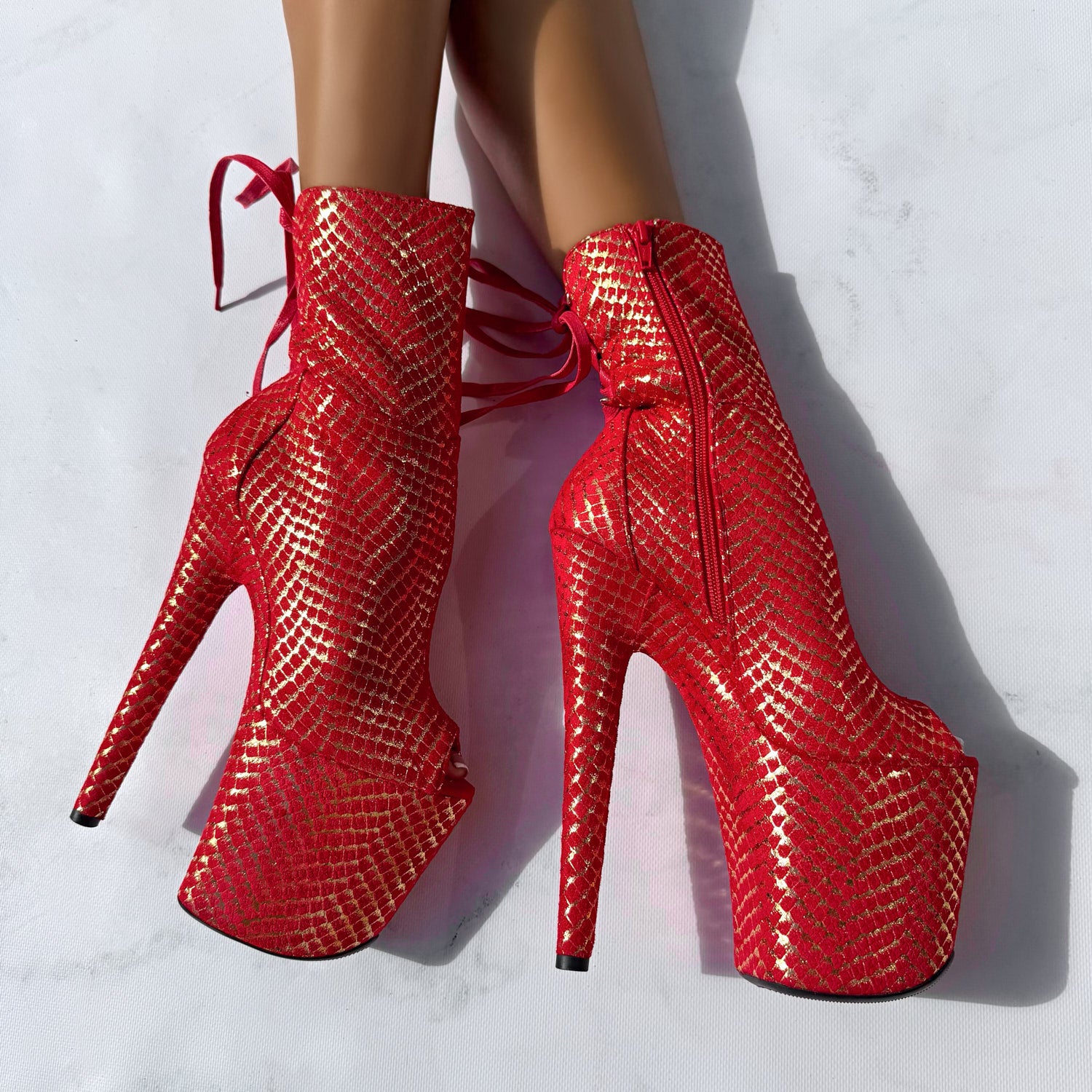 Khaleesi Open Toe Corset Boot - Red & Gold - 8INCH
