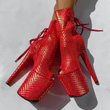 Khaleesi Open Toe Corset Boot - Red & Gold - 8INCH