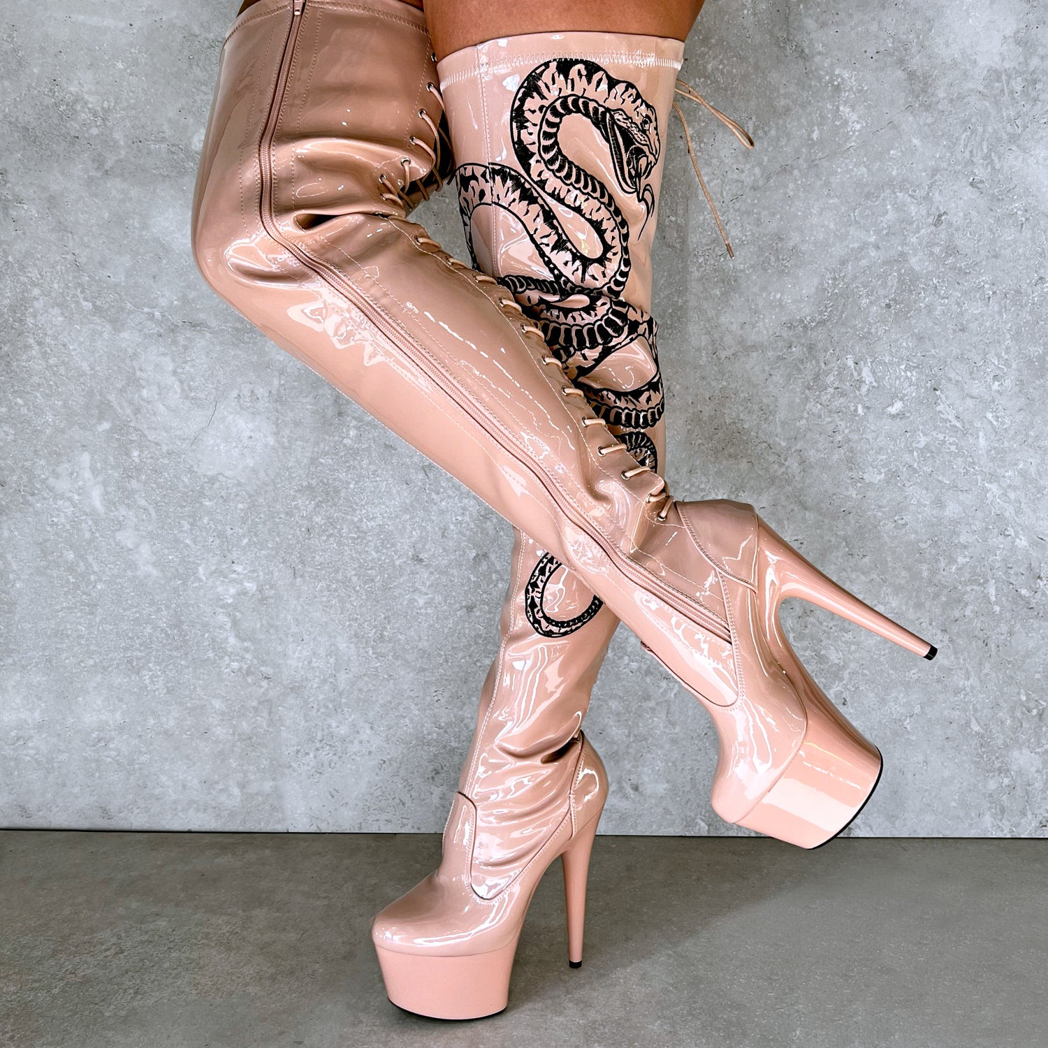VIPER Boot Tan with Black Thicc Thigh High - 7INCH, stripper shoe, stripper heel, pole heel, not a pleaser, platform, dancer, pole dance, floor work