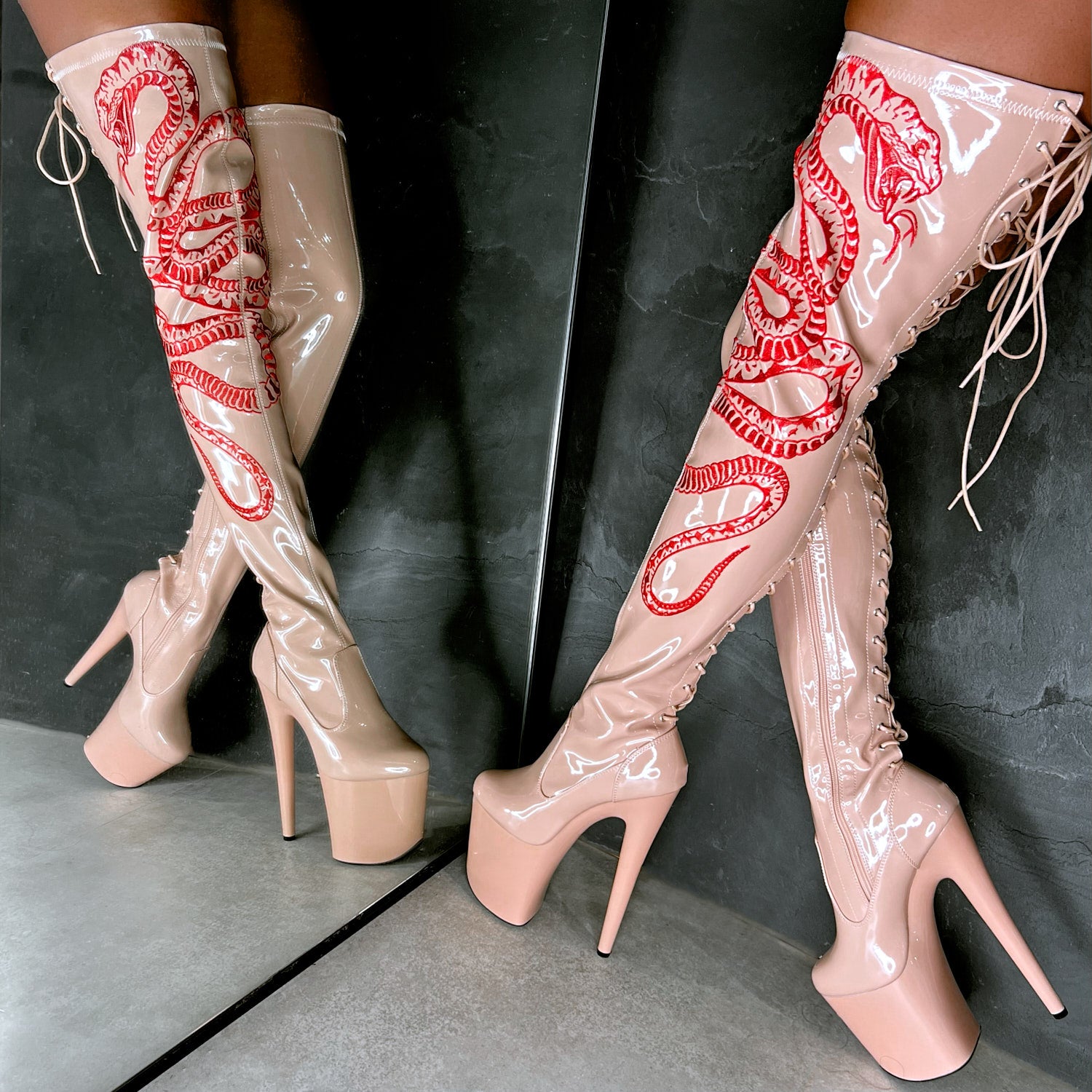 VIPER Boot Tan with Red Thigh High - 8INCH, stripper shoe, stripper heel, pole heel, not a pleaser, platform, dancer, pole dance, floor work