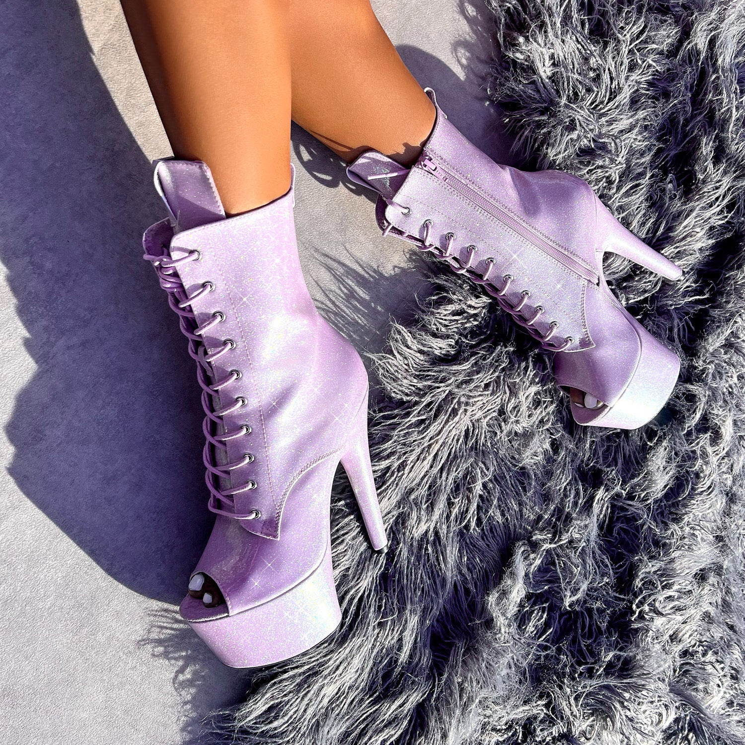 The Glitterati Open Toe Boot - Lilac Lovers - 7 INCH, stripper shoe, stripper heel, pole heel, not a pleaser, platform, dancer, pole dance, floor work