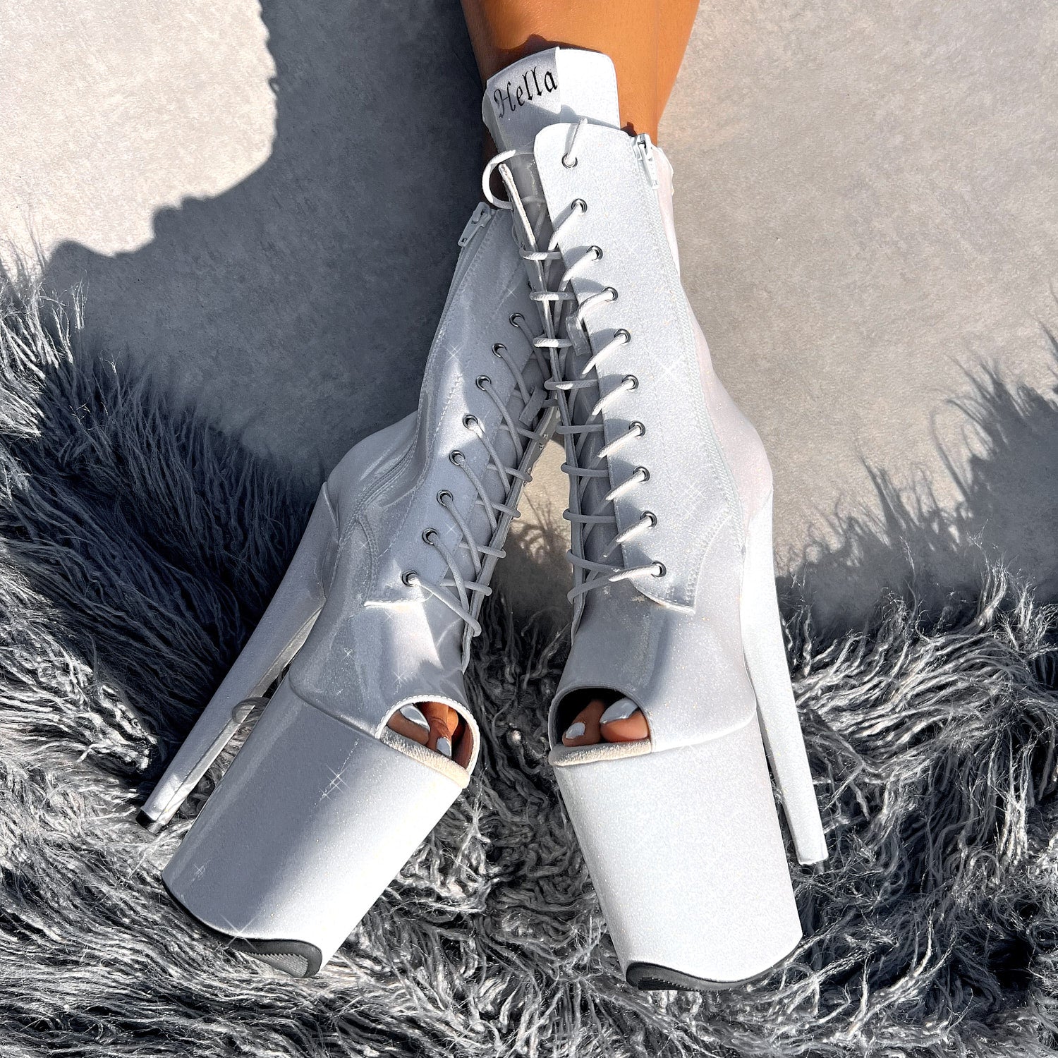 The Glitterati Open Toe Boot - Snow Kween - 8 INCH – Hella Heels US