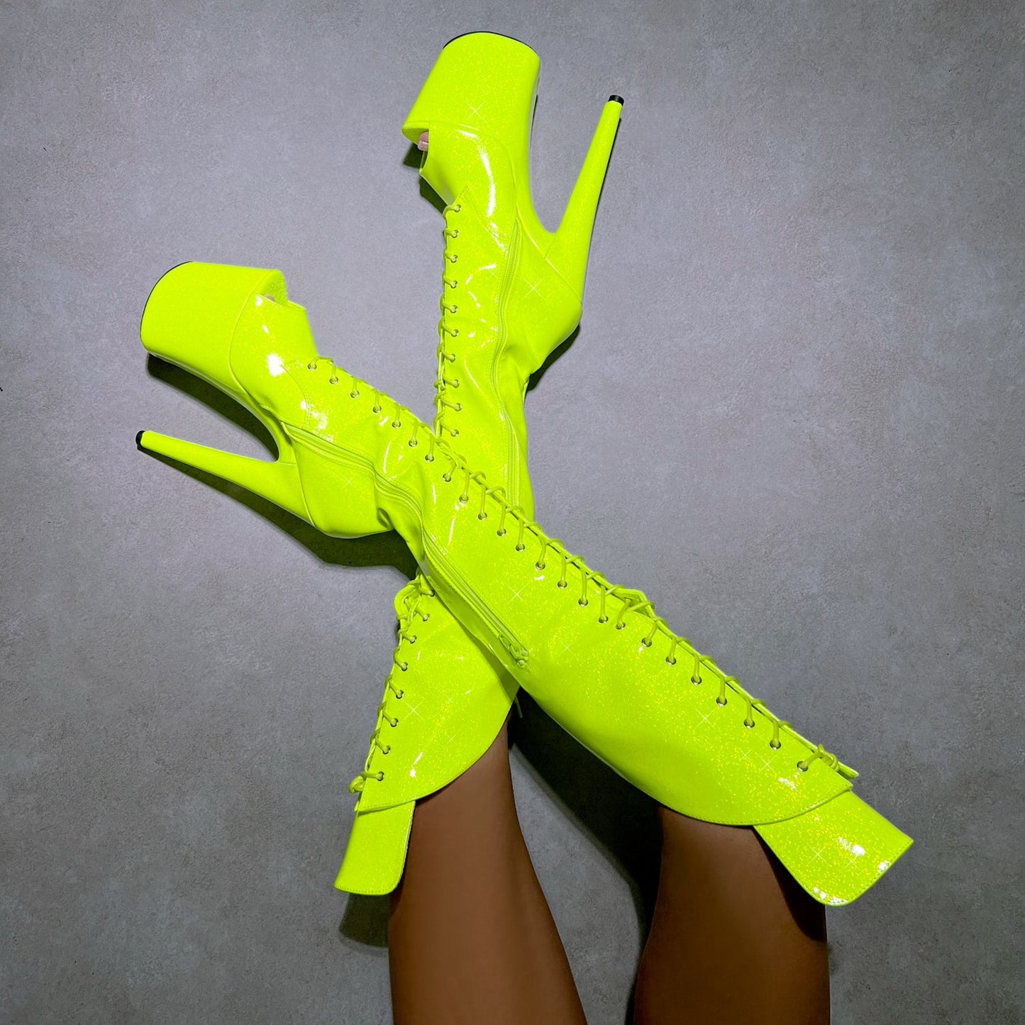 The Glitterati - Citrus Yellow Burst Over Knee Open Toe Boot - 8INCH