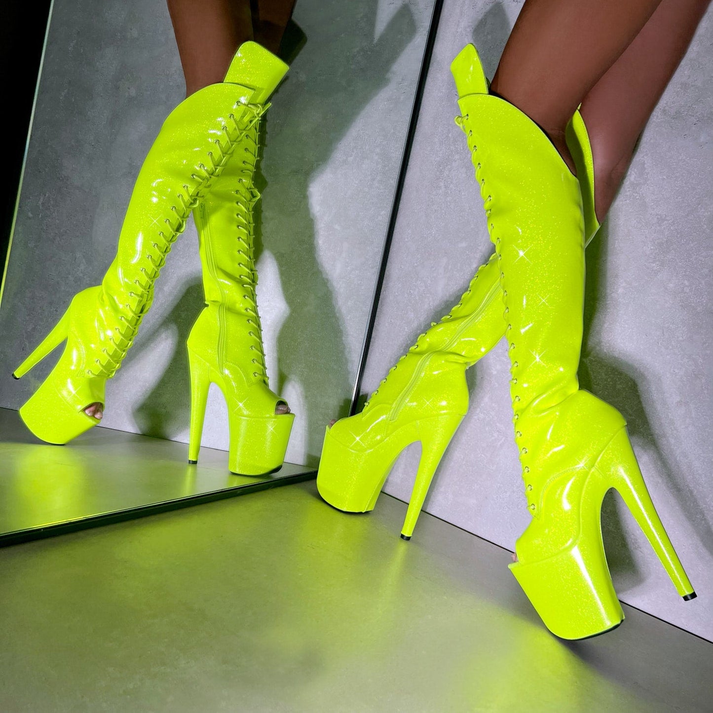 The Glitterati - Citrus Yellow Burst Over Knee Open Toe Boot - 8INCH