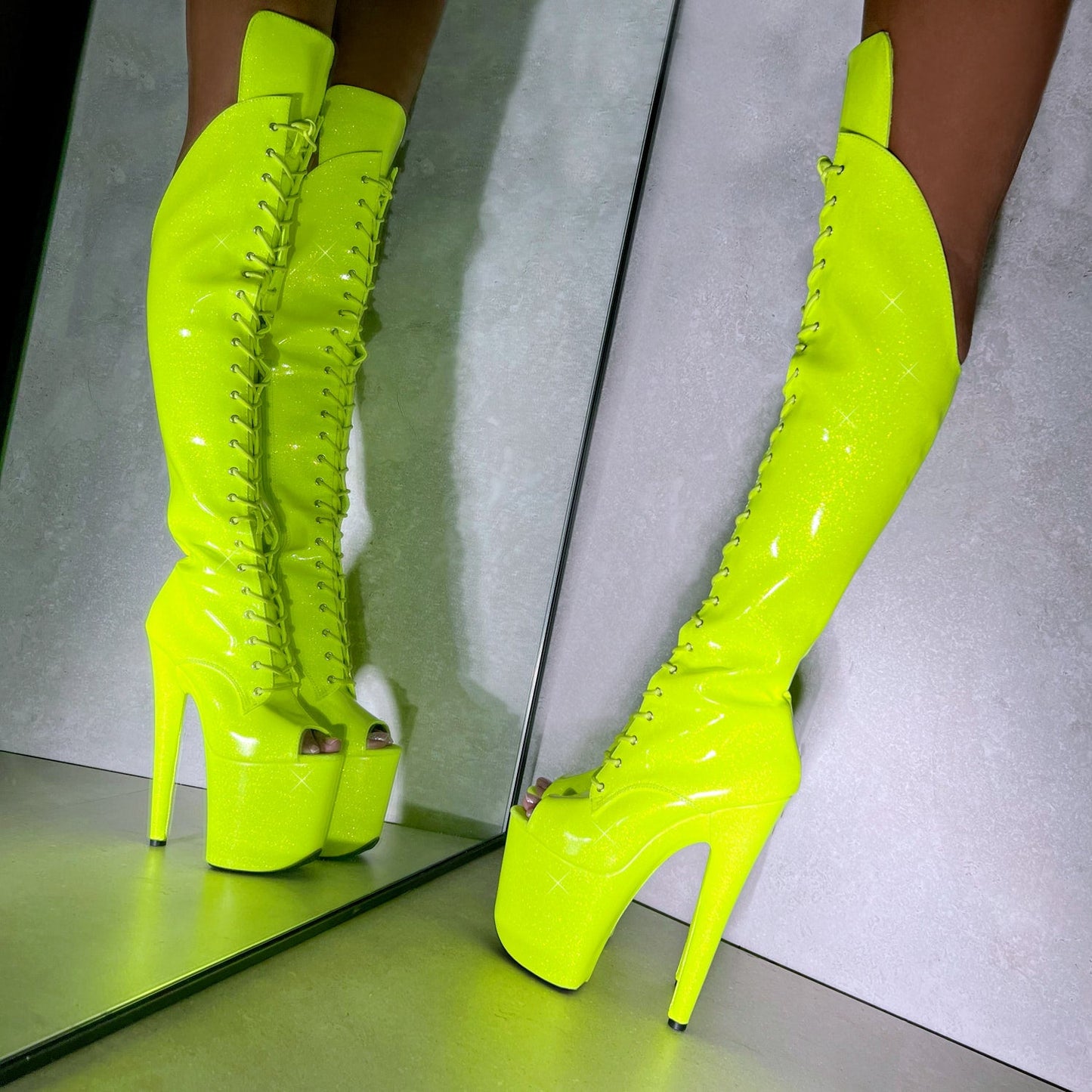 The Glitterati - Citrus Yellow Burst Over Knee Open Toe Boot - 8INCH