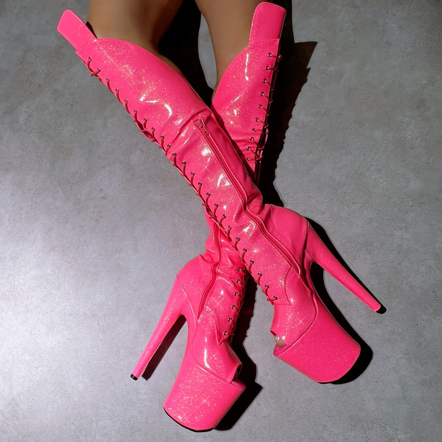 The Glitterati - Juicy Pink Burst Over Knee Open Toe Boot - 8INCH