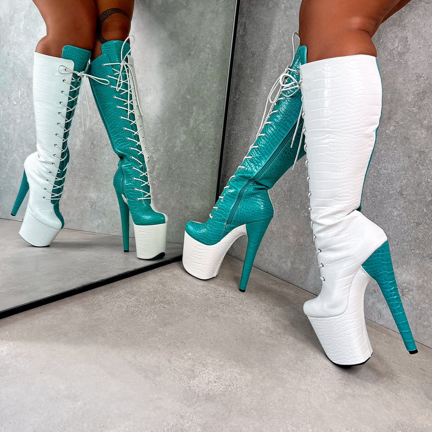 SNAPPED White/Aqua Knee Boot - 8INCH, stripper shoe, stripper heel, pole heel, not a pleaser, platform, dancer, pole dance, floor work