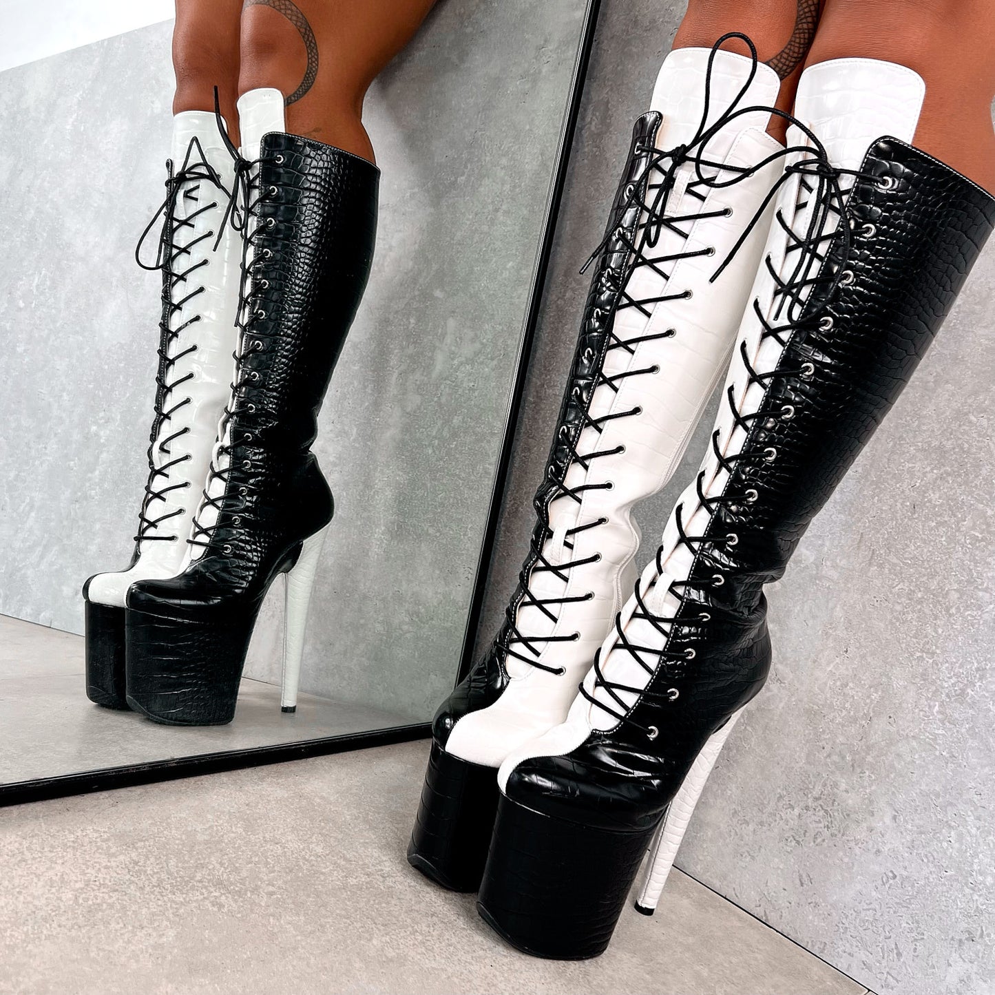 SNAPPED Black/White Knee Boot - 8INCH