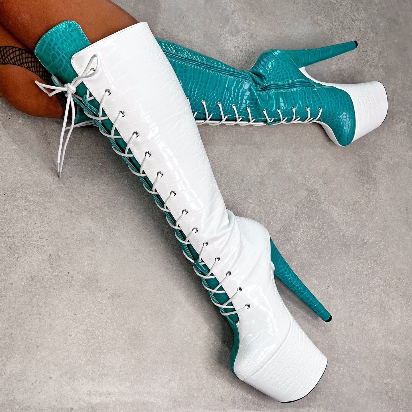 SNAPPED White/Aqua Knee Boot - 8INCH, stripper shoe, stripper heel, pole heel, not a pleaser, platform, dancer, pole dance, floor work