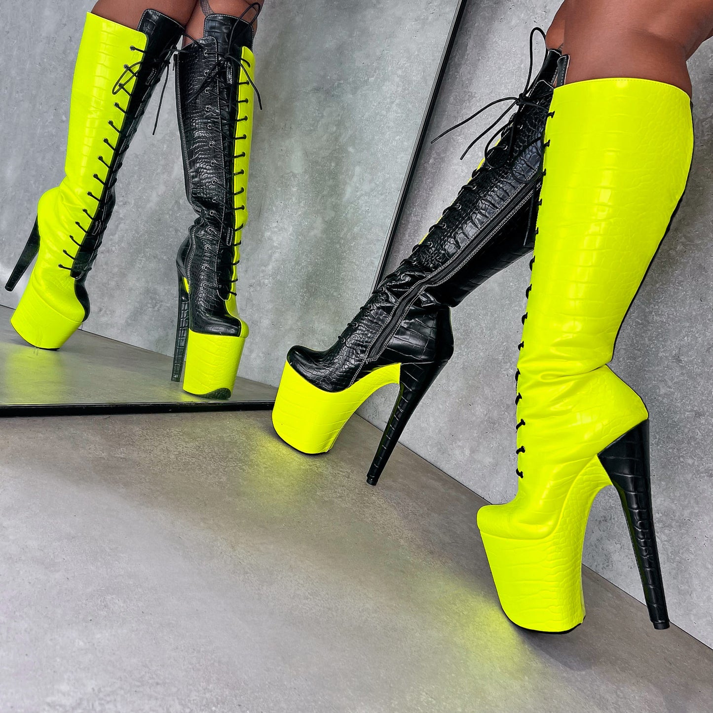 SNAPPED Black/Neon Knee Boot - 8INCH, stripper shoe, stripper heel, pole heel, not a pleaser, platform, dancer, pole dance, floor work