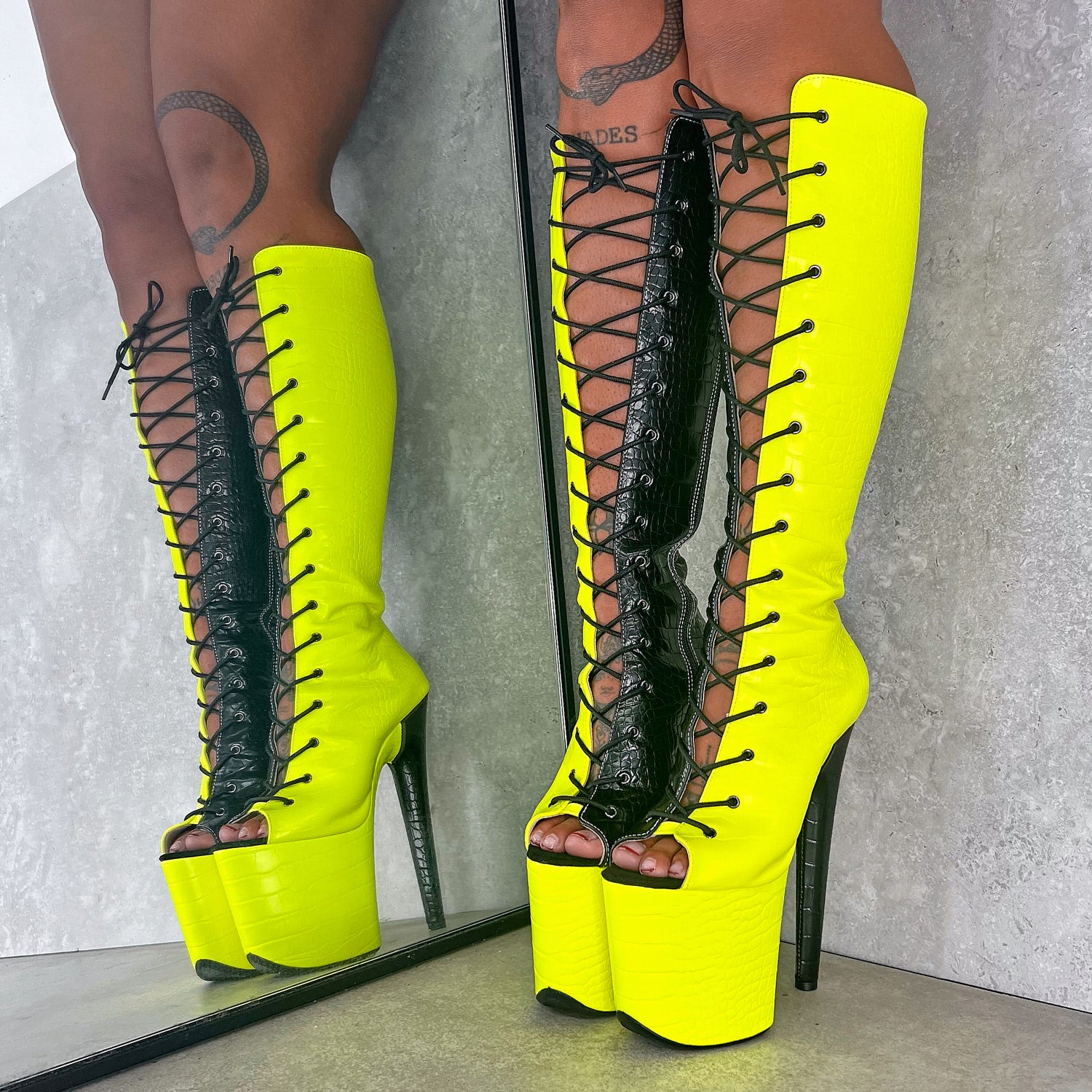 SNAPPED Black/Neon - Knee Boot Open Toe - 8INCH, stripper shoe, stripper heel, pole heel, not a pleaser, platform, dancer, pole dance, floor work