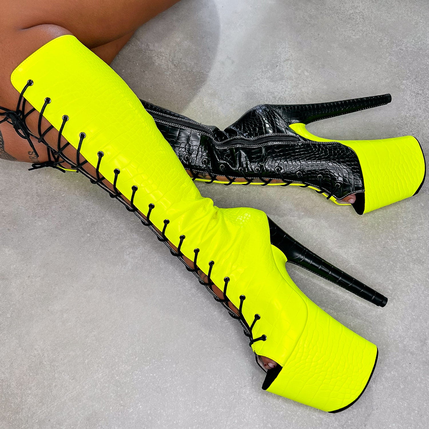 SNAPPED Black/Neon - Knee Boot Open Toe - 8INCH, stripper shoe, stripper heel, pole heel, not a pleaser, platform, dancer, pole dance, floor work