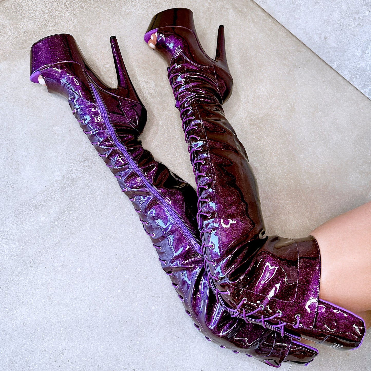 The Glitterati Thigh High Open Toe - Purple Rain - 7IN, stripper shoe, stripper heel, pole heel, not a pleaser, platform, dancer, pole dance, floor work