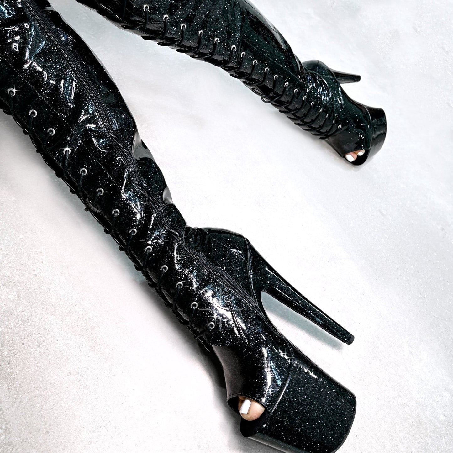 The Glitterati Thigh High Open Toe - Sin City - 8 INCH