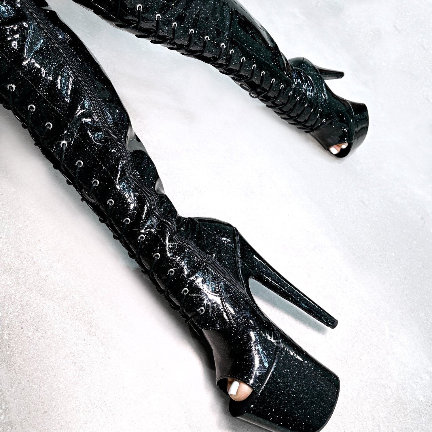 The Glitterati Thigh High Open Toe - Sin City - 8 INCH