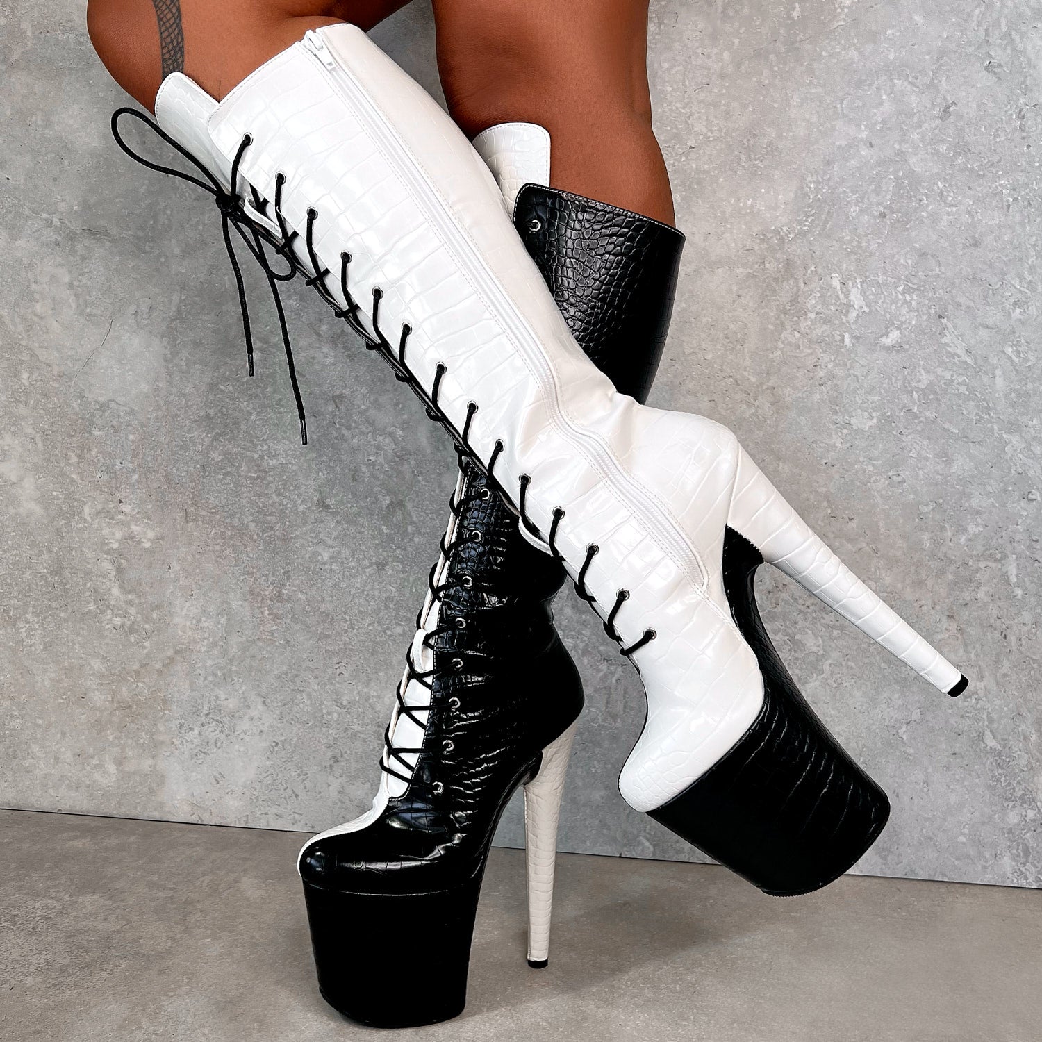 SNAPPED Black/White Knee Boot - 8INCH, stripper shoe, stripper heel, pole heel, not a pleaser, platform, dancer, pole dance, floor work