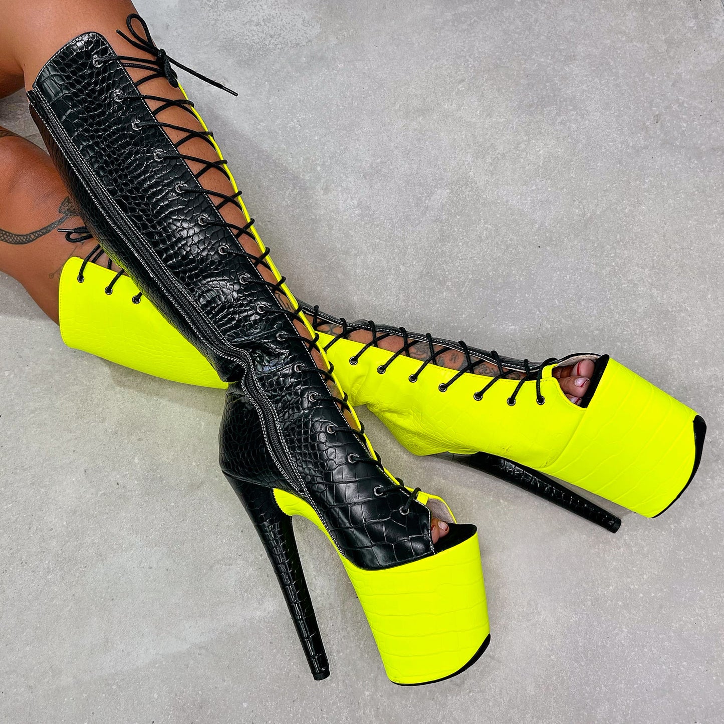 SNAPPED Black/Neon - Knee Boot Open Toe - 8INCH, stripper shoe, stripper heel, pole heel, not a pleaser, platform, dancer, pole dance, floor work