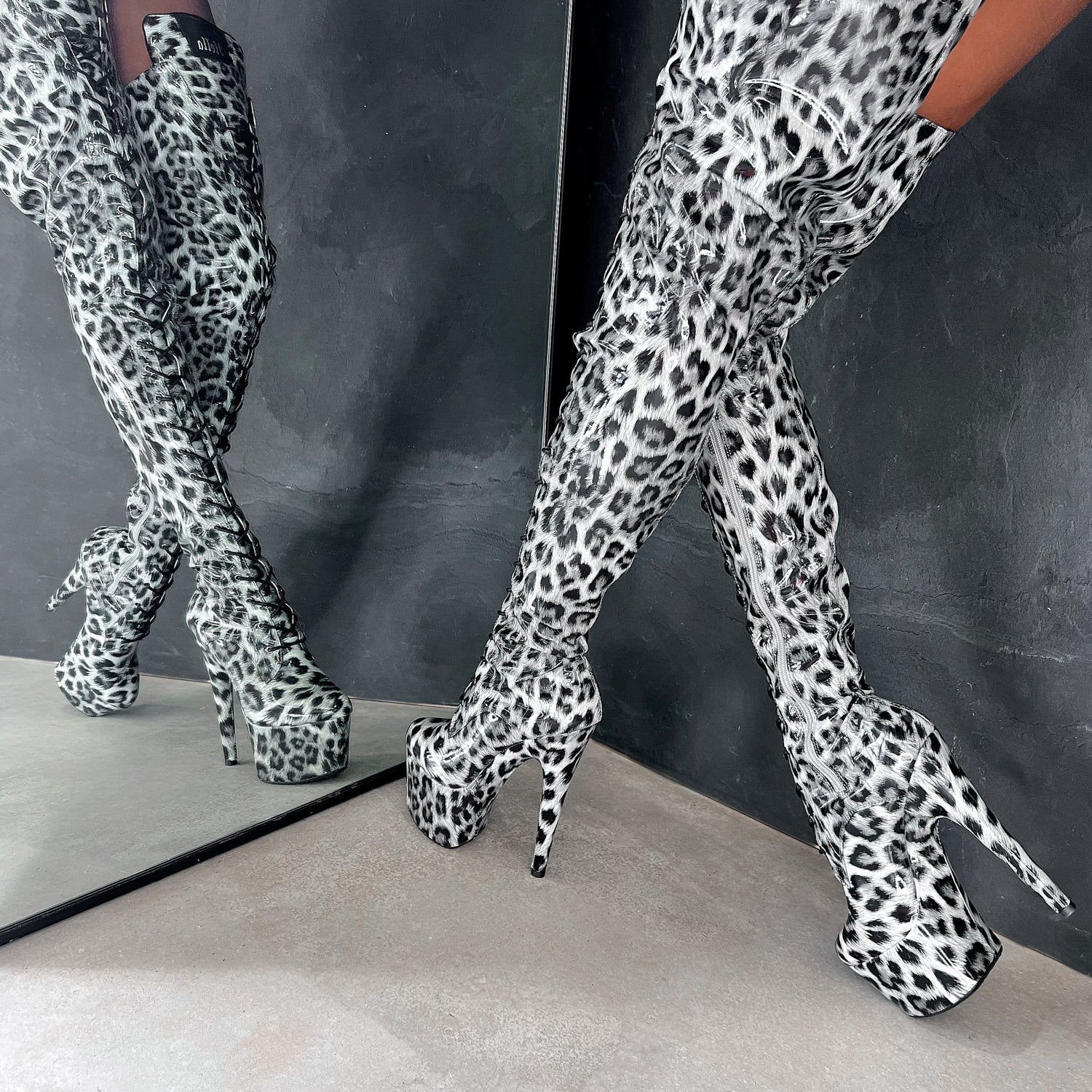 Snow Leopard Thigh High - 7 INCH + SP, stripper shoe, stripper heel, pole heel, not a pleaser, platform, dancer, pole dance, floor work