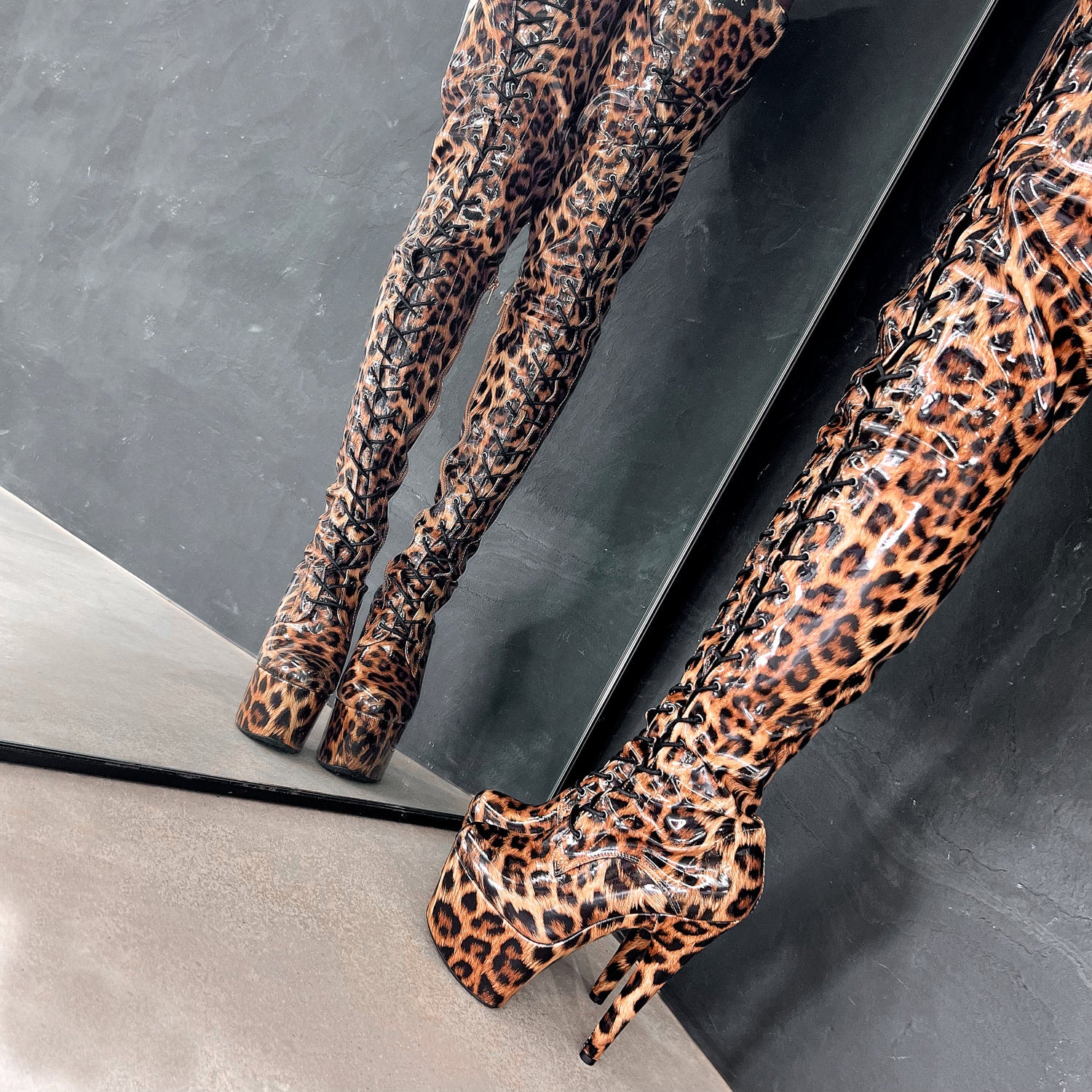 Leopard Thigh High - 7 INCH + SP, stripper shoe, stripper heel, pole heel, not a pleaser, platform, dancer, pole dance, floor work